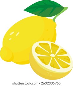Set of images with whole and cut lemons. Some green leaves. Simple and flat style. Image with white background. It looks like a grapefruit or a lime.