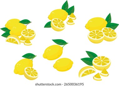 Set of images with whole and cut lemons. Some green leaves. Simple and flat style. Image with white background. It looks like a grapefruit or a lime.