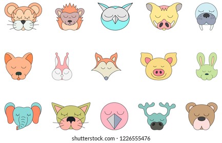 A set of images of wild animal faces. Isolated on white background, painted.