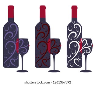 Set of images of wine bottles with glasses