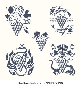 Set of images for wine labels. Four symbols of Elemental Forces - Water, Air, Fire and Earth. Vector.