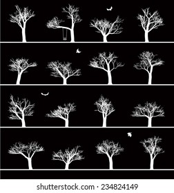 Set of images of winter trees without leaves. Vector illustration on a black background