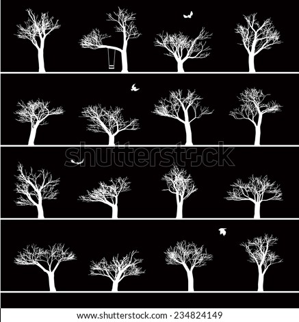 Set of images of winter trees without leaves. Vector illustration on a black background