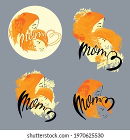 A set of images. A woman embraces a child.The inscription "Mother". Mother's Day, March 8, birthday.Pink and orange hearts on a blue background.Positive and good mood.The sticker. Printing on fabric