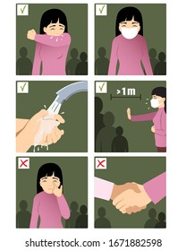 Set of images with a woman showing rules to prevent coronavirus spreading: sneeze in elbow, wear medical mask, wash hands, keep distance, don’t touch face, no handshake. Vector image, eps10