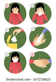 Set of images with a woman showing rules to prevent coronavirus spreading: don’t sneeze in hand, use napkin, throw napkin in trash can, wear medical mask, wash hands, avoid social contact.