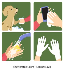 Set of images with a woman showing rules to prevent coronavirus spreading: wash pet, hands, clean personal gadget, use gloves. Vector image, eps10