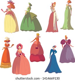 Set of images of women in vintage dresses. Vector illustration on white background.