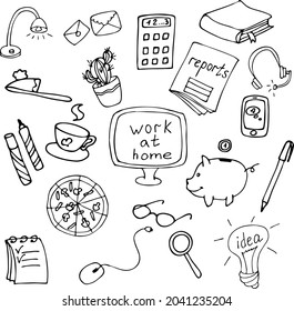 The set of images works at home. The concept of working at home. A set of doodle black and white drawings. Convenient schedule, home environment, part-time work. Hand-drawn illustrations for the Inter