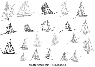 A set of images of yachts, sailing boats drawn by hand in a simple style. Vector illustration. Monochrome image.