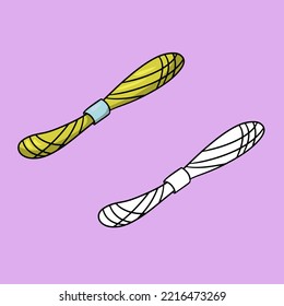 A set of images, a yellow skein of embroidery thread, a vector illustration in cartoon style on a colored background
