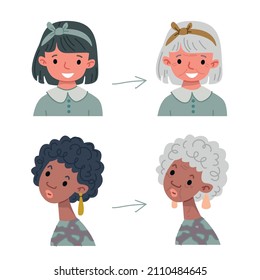 A set of images of young girls and their transformation into old women. Black lady and Asian. Vector illustration in cartoon childish style. Isolated funny clipart on white background. cute print