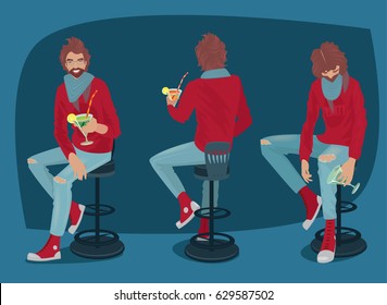 Set of images of young man with cocktail, club visitor, in different poses. Guy sits on the bar stool in front, his back, getting drunk falls from the chair. Vector illustration