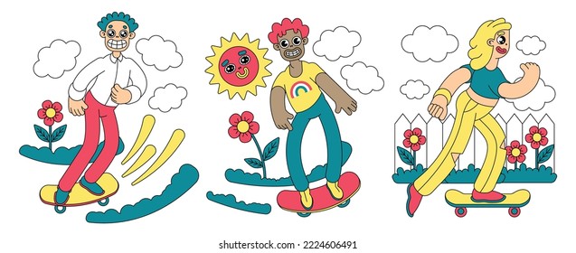 Set of images with young skaters in nature. Cartoon characters ride a skateboard on the street. Funny boys, girl are engaged in outdoor activities. Vector illustration.