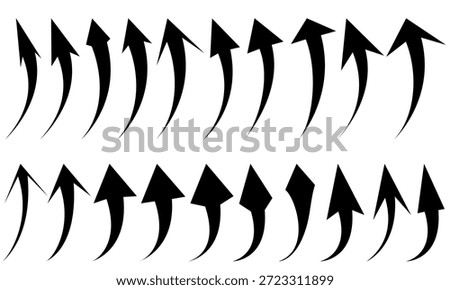 set of imaginary image patterns of curved arrows with different arrowhead shapes, vector