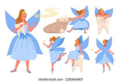 Set of imaginary tooth fairy. Childhood fantastic creature, mythical source of bounty, teeth under pillow, fairy princess with sack of teeth, fairy sitting on tooth vector illustration