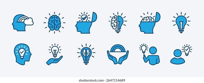 Set of imagination cognition icon vector. Contains brain head light bulb, open minded, creativity, thinking, intelligence, innovation, idea, inspiration, genius, creation, smart, solution illustration
