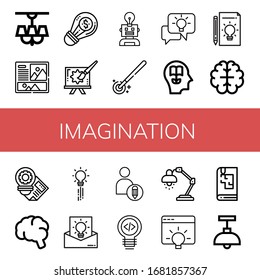 Set of imagination icons. Such as Lamp, Layout, Creative, Idea, Magic wand, Knowledge, Brain, Creativity, Sketchbook , imagination icons