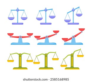 Set of imbalance or balance scale collection, Weights set, Scales of justice. Balance and justice, Scale and balance for law. Integrity for judge. Symbol of legal or litigation lawyer illustration.