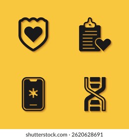 Set Immune system, DNA symbol, Emergency call 911 and Patient record icon with long shadow. Vector