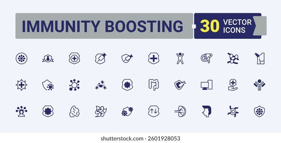 Set of Immunity line icon. Contain linear sign vaccination, safe, prevention, medical, immunity and more. Immunization icon collection. Sign and Symbol. Solid line editable stroke.