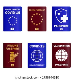 Set of immunity passports. Travel immune document. Checking immunization against diseases. Control Covid-19 in European Union. Immunity paper document from coronavirus. Green health passport. Vector
