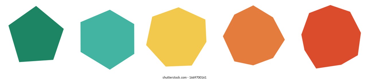 Set of imperfect / unequal polygons with 5 to 9 sides - pentagon, hexagon, heptagon, octagon, nonagon, not all sides or angles equal, icons with different colors