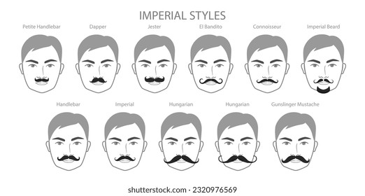 Conjunto de barba imperial y bigote con nombre tipo texto hombres se enfrentan a la ilustración Cabello facial. Retrato de color gris negro vectorial plantilla de moda colección de barbero plano. Eslabón aislado de estilo peinado