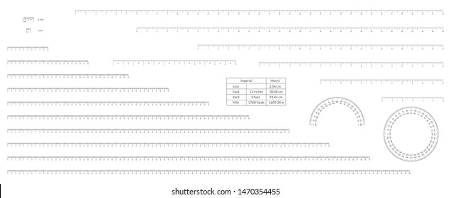 Set Of Imperial And Metric Units Measuring Scale Bars For Ruler And Protractor.