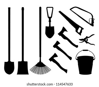 Set of implements. Contour collection of instruments. Black isolated silhouettes of garden tools. Shovel, spade, axe, saw, handsaw, bucket, pail, rake garden shears