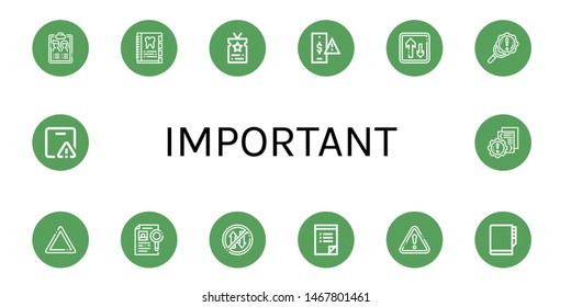 Set of important icons such as Guest list, Agenda, Vip, Risk, Priority, Error, Warning, Dossier, To do list, Important delivery , important