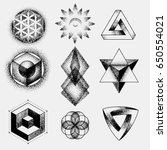 Set of impossible and other tattoo shapes, dotwork, blackwork all made of dots. Geometrical, sacred figures stars and cubes.