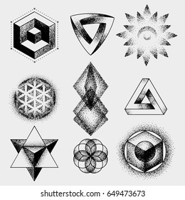 Set of impossible and other tattoo shapes, dotwork, blackwork all made of dots. Geometrical, sacred figures stars and cubes