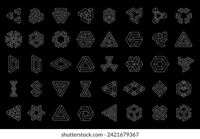 Set of impossible shapes designs. Optical illusion isolated on black background. Designing elements. Vector illustration.