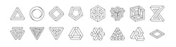 Set of impossible shapes. Optical Illusion. Vector Illustration isolated on white. Sacred geometry. Black lines on a white background