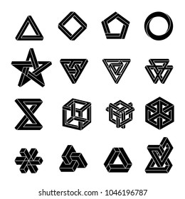 Set of impossible shapes. Optical Illusion. Vector Illustration isolated on white. Sacred geometry. White shapes on a black background.