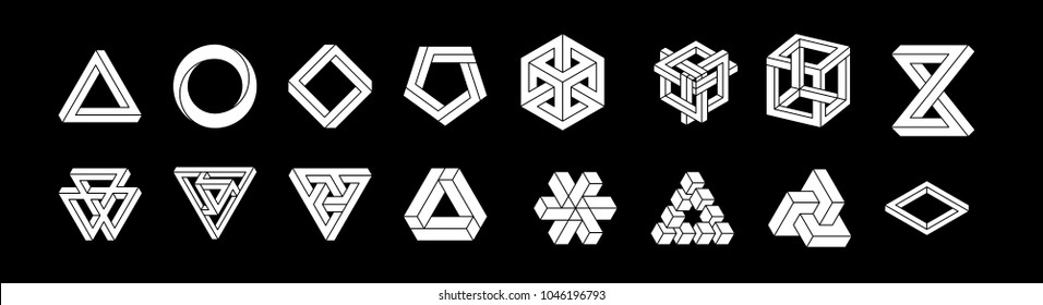 Set of impossible shapes. Optical Illusion. Vector Illustration isolated on white. Sacred geometry. White shapes. on a black background.