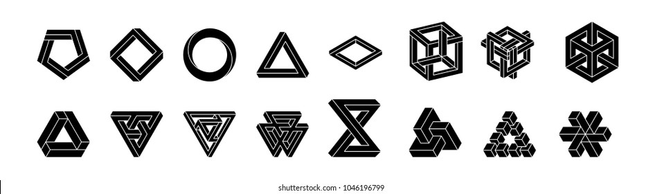 Set of impossible shapes. Optical Illusion. Vector Illustration isolated on white. Sacred geometry. White shapes on a black background.