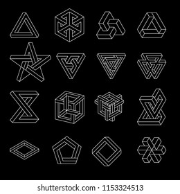 Set of impossible shapes. Optical Illusion. Vector Illustration isolated on white. Sacred geometry. White lines on a black background.