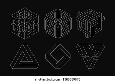 Set of impossible shapes. Optical Illusion. Vector Illustration isolated on white. Sacred geometry. White shapes. on a black background.