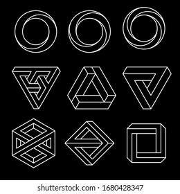 Set of impossible shapes. Optical Illusion. Vector Illustration isolated on white.