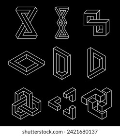 Set of impossible shapes. Optical illusion isolated on black background. Designing elements. Vector illustration.