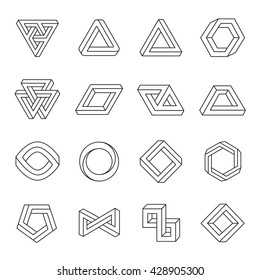 Set of impossible shapes. Optical Illusion. Vector Illustration isolated on white