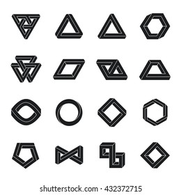 Set of impossible shapes. Optical Illusion. Vector Illustration isolated on white