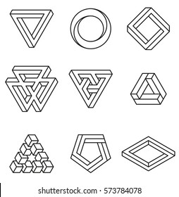 Set of impossible shapes. Optical Illusion. Vector Illustration isolated on white. Sacred geometry. Black lines on a white background