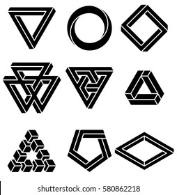 Set of impossible shapes. Optical Illusion. Vector Illustration isolated on white. Sacred geometry. Black lines on a white background. 