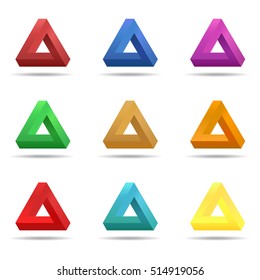 Set of impossible triangle shapes. Optical Illusion. Vector Illustration isolated on white. 