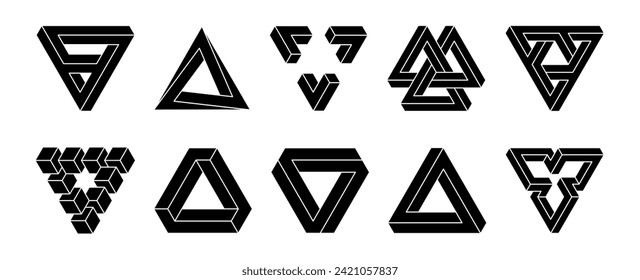 Set of impossible triangular designs. Optical illusion isolated on white background. Designing elements. Vector illustration.
