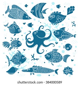 Set imprint cute fish and octopus for the design. Vector illustration.