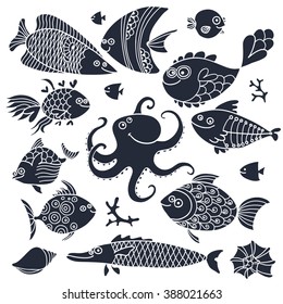 Set imprint cute fish and octopus for the design. Vector illustration.